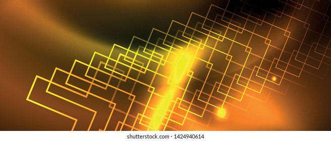 Fondo tecno brillante, plantilla oscura futurista con efectos de neón y formas simples