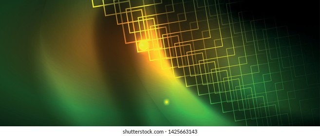 Techno glowing background, futuristic dark template with neon light effects and simple forms