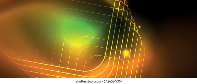 Techno glowing background, futuristic dark template with neon light effects and simple forms