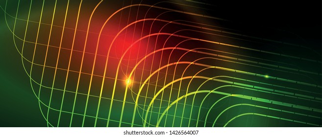 Fondo tecno brillante, plantilla oscura futurista con efectos de neón y formas simples