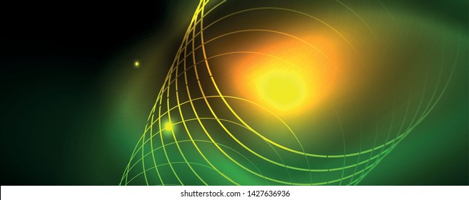 Techno glowing background, futuristic dark template with neon light effects and simple forms