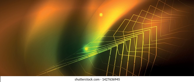 Techno glowing background, futuristic dark template with neon light effects and simple forms