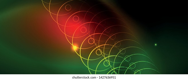 Techno glowing background, futuristic dark template with neon light effects and simple forms