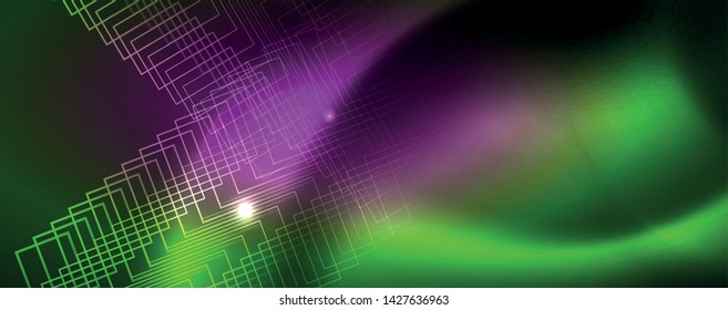 Fondo tecno brillante, plantilla oscura futurista con efectos de neón y formas simples