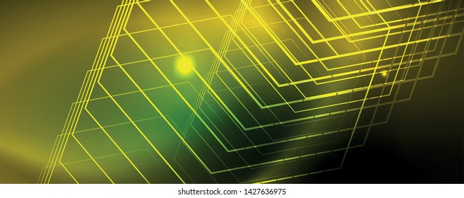 Techno glowing background, futuristic dark template with neon light effects and simple forms