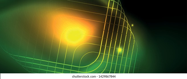 Techno glowing background, futuristic dark template with neon light effects and simple forms