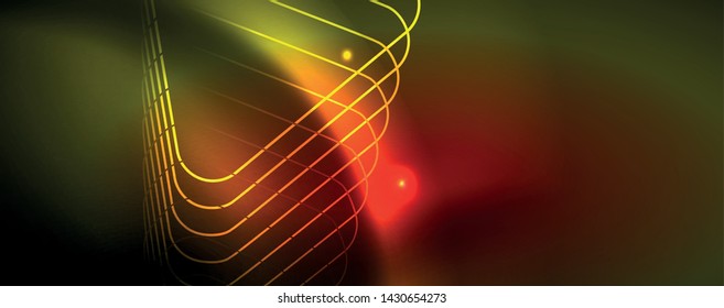 Techno glowing background, futuristic dark template with neon light effects and simple forms