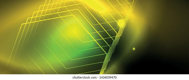 Techno glowing background, futuristic dark template with neon light effects and simple forms