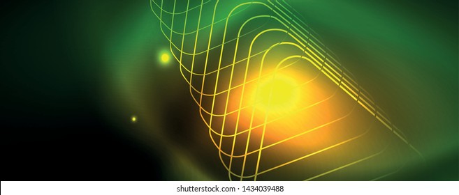 Fondo tecno brillante, plantilla oscura futurista con efectos de neón y formas simples
