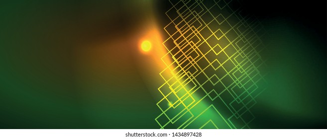 Techno glowing background, futuristic dark template with neon light effects and simple forms