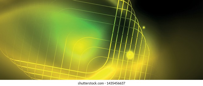 Techno glowing background, futuristic dark template with neon light effects and simple forms