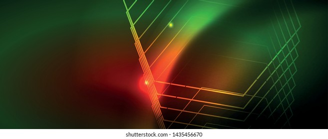 Techno glowing background, futuristic dark template with neon light effects and simple forms