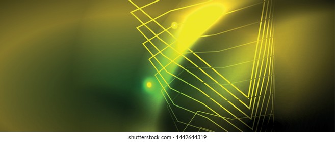 Techno glowing background, futuristic dark template with neon light effects and simple forms
