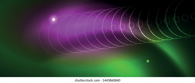Techno glowing background, futuristic dark template with neon light effects and simple forms