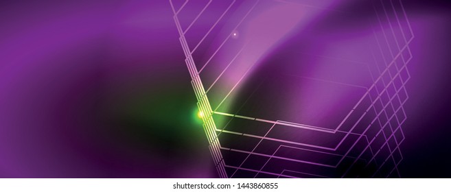Techno glowing background, futuristic dark template with neon light effects and simple forms