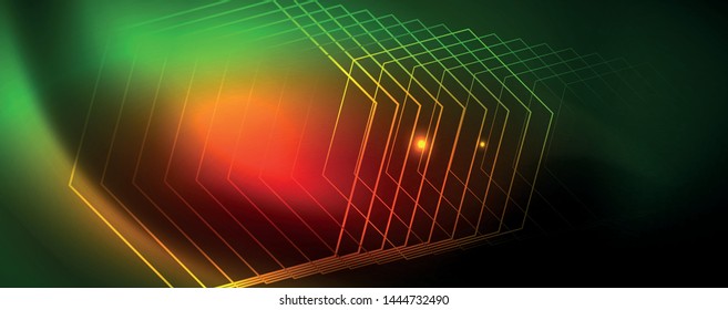 Techno glowing background, futuristic dark template with neon light effects and simple forms
