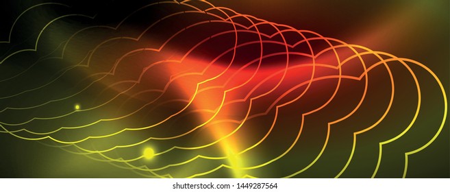 Techno glowing background, futuristic dark template with neon light effects and simple forms