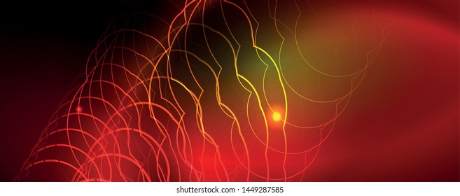 Techno glowing background, futuristic dark template with neon light effects and simple forms