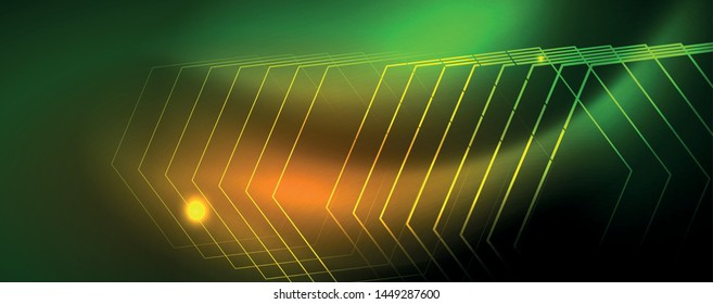 Techno glowing background, futuristic dark template with neon light effects and simple forms