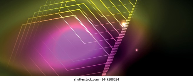 Techno glowing background, futuristic dark template with neon light effects and simple forms