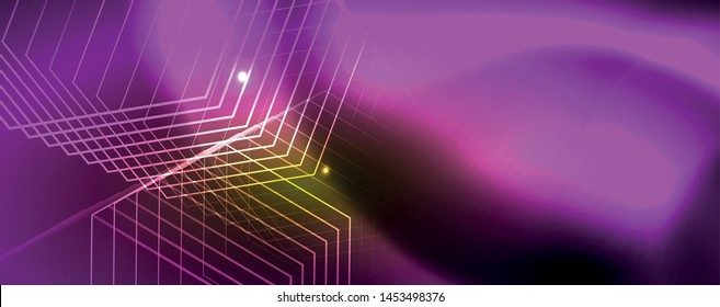Techno glowing background, futuristic dark template with neon light effects and simple forms