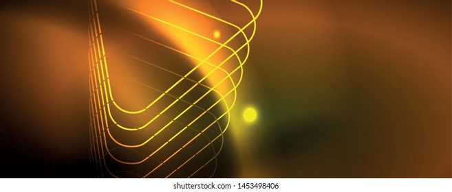 Techno glowing background, futuristic dark template with neon light effects and simple forms