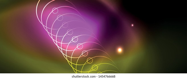 Techno glowing background, futuristic dark template with neon light effects and simple forms