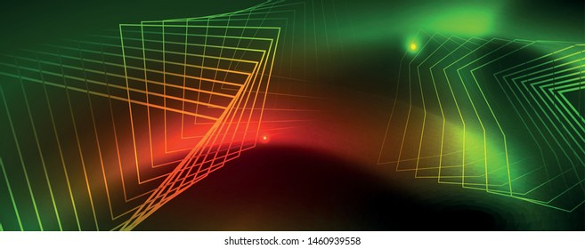 Techno glowing background, futuristic dark template with neon light effects and simple forms