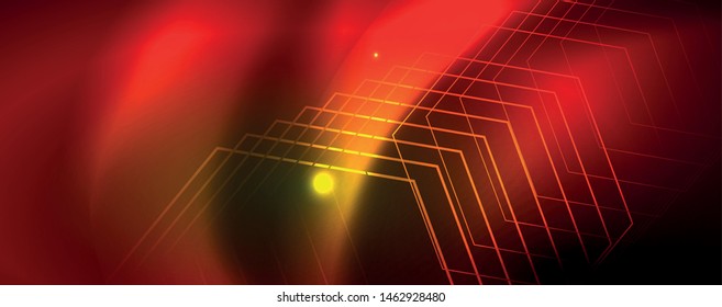 Fondo tecno brillante, plantilla oscura futurista con efectos de neón y formas simples