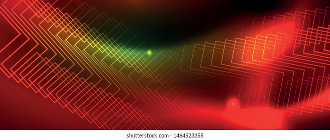 Techno glowing background, futuristic dark template with neon light effects and simple forms