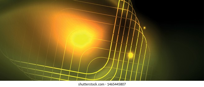 Techno glowing background, futuristic dark template with neon light effects and simple forms