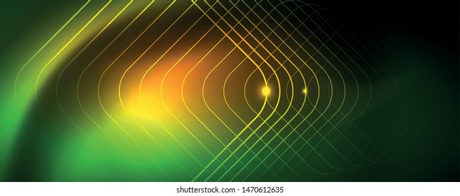 Fondo tecno brillante, plantilla oscura futurista con efectos de neón y formas simples