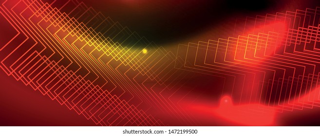 Fondo tecno brillante, plantilla oscura futurista con efectos de neón y formas simples