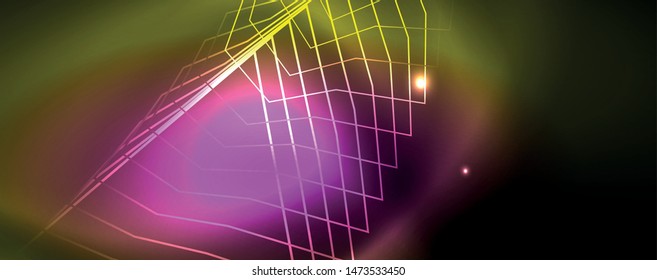 Techno glowing background, futuristic dark template with neon light effects and simple forms