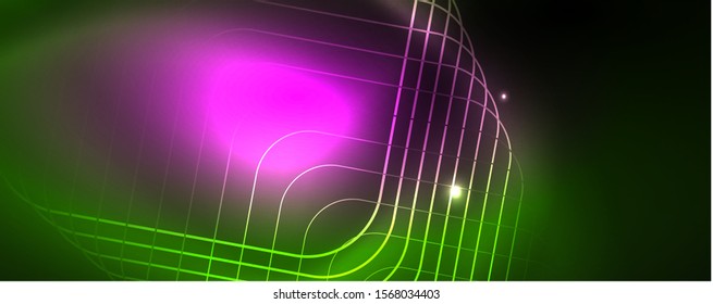 Techno glowing background, futuristic dark template with neon light effects and simple forms