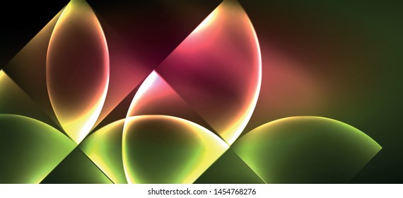Techno glowing glass geometric shapes vector background, futuristic dark template with neon light effects and simple forms. Vintage poster for decoration design
