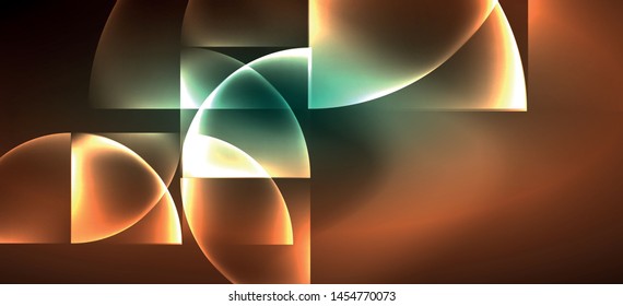Techno glowing glass geometric shapes vector background, futuristic dark template with neon light effects and simple forms. Vintage poster for decoration design
