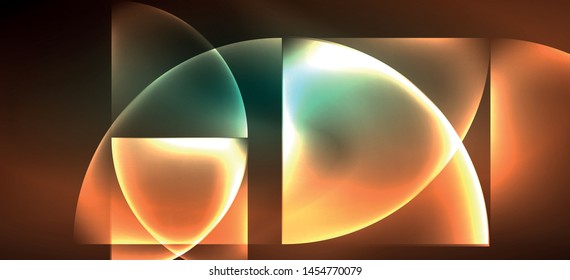 Techno glowing glass geometric shapes vector background, futuristic dark template with neon light effects and simple forms. Vintage poster for decoration design
