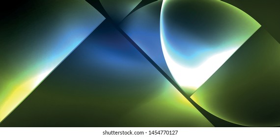 Techno glowing glass geometric shapes vector background, futuristic dark template with neon light effects and simple forms. Vintage poster for decoration design