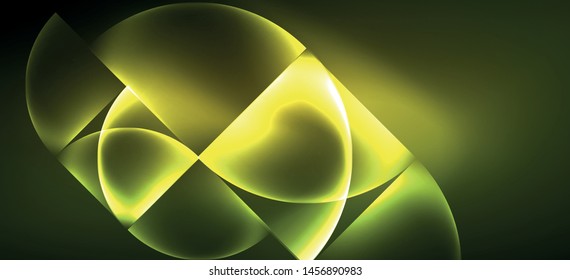 Techno glowing glass geometric shapes vector background, futuristic dark template with neon light effects and simple forms. Vintage poster for decoration design