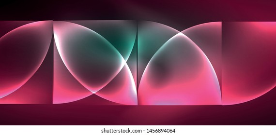 Techno glowing glass geometric shapes vector background, futuristic dark template with neon light effects and simple forms. Vintage poster for decoration design