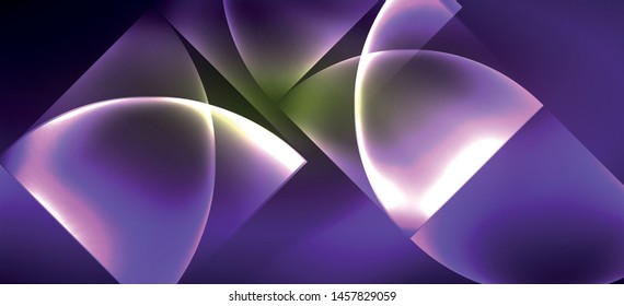 Techno glowing glass geometric shapes vector background, futuristic dark template with neon light effects and simple forms. Vintage poster for decoration design