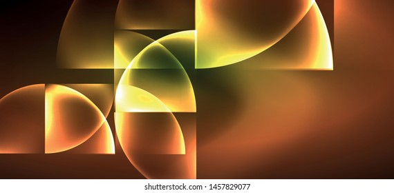 Techno glowing glass geometric shapes vector background, futuristic dark template with neon light effects and simple forms. Vintage poster for decoration design