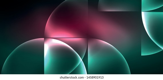 Techno glowing glass geometric shapes vector background, futuristic dark template with neon light effects and simple forms. Vintage poster for decoration design