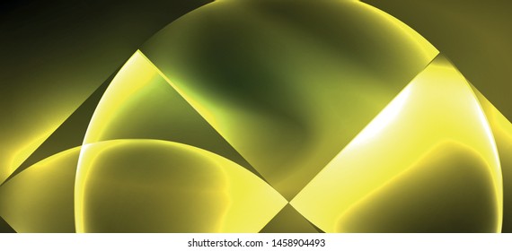 Techno glowing glass geometric shapes vector background, futuristic dark template with neon light effects and simple forms. Vintage poster for decoration design
