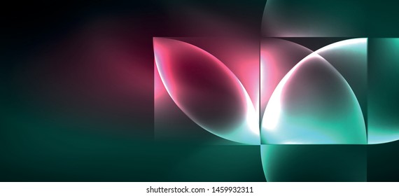 Techno glowing glass geometric shapes vector background, futuristic dark template with neon light effects and simple forms. Vintage poster for decoration design