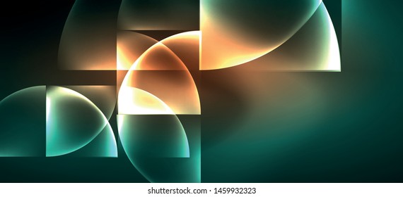 Techno glowing glass geometric shapes vector background, futuristic dark template with neon light effects and simple forms. Vintage poster for decoration design