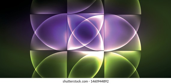 Techno glowing glass geometric shapes vector background, futuristic dark template with neon light effects and simple forms. Vintage poster for decoration design
