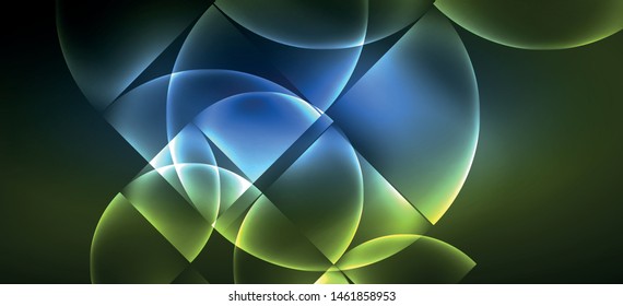 Techno glowing glass geometric shapes vector background, futuristic dark template with neon light effects and simple forms. Vintage poster for decoration design