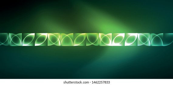 Techno glowing glass geometric shapes vector background, futuristic dark template with neon light effects and simple forms. Vintage poster for decoration design